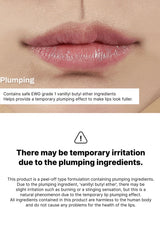 Lip product packaging with text about plumping ingredients and potential irritation.