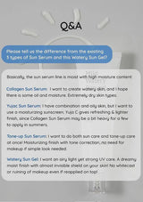 Text box with Q&A about sun serum and water gel on a gray background