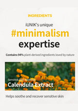 Advertisement for iUNIK's skincare product with Calendula Extract, featuring text about plant-derived ingredients and minimalism expertise.