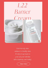 Advertisement for L22 Barrier Cream with cream jar and tube on a pink background