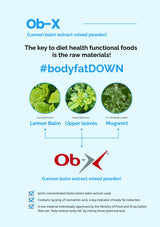 Advertisement for Ob-X lemon balm extract mixed powder with text and images of plants on a white background.