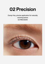 Close-up of an eye with false eyelashes labeled '02 Precision' on a light background.