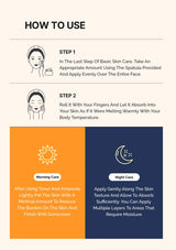 Instructions on how to use a skincare product with step-by-step guidance and icons for morning and night care.