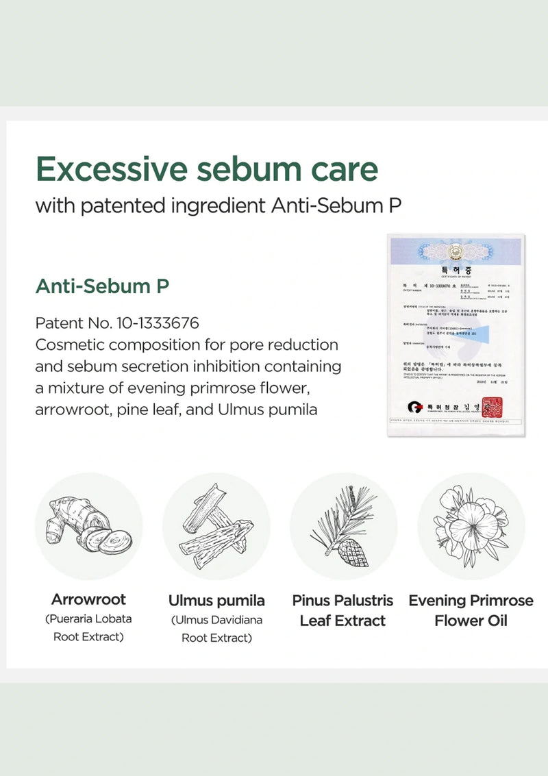 Advertisement for Anti-Sebum P with ingredients and patent information on a white background