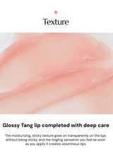 Glossy Tang lip product with texture description on a white background