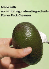 Avocado held by a hand with text about Flaner Pack Cleanser on a green background