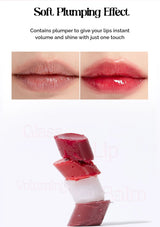 Lip balm with a soft plumping effect on lips, showing volume and shine.