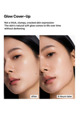 Before and after comparison of a woman's face with text about glow cover-up product.