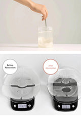 Comparison of a container on a scale before and after absorption on a white background