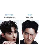 Comparison of pommade and drop hairstyle on a person with text labels.