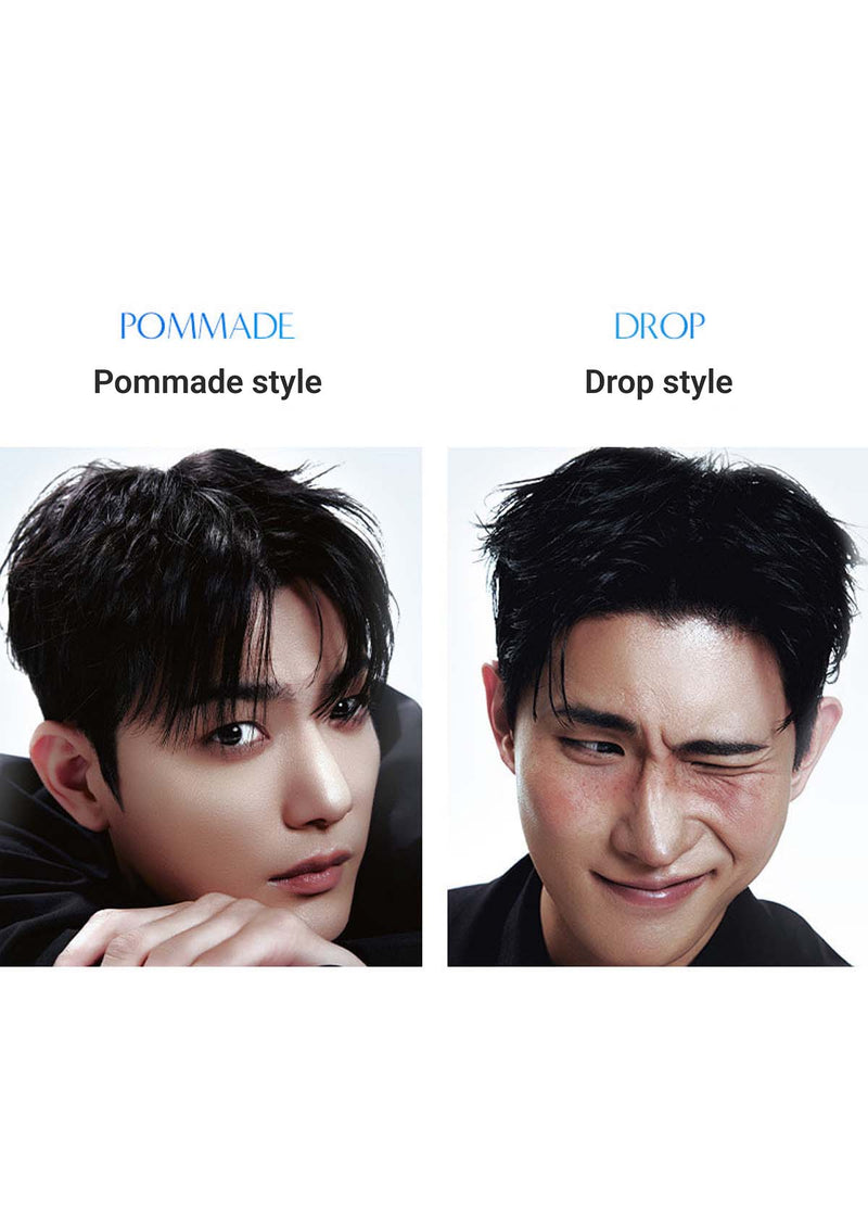 Comparison of pommade and drop hairstyle on a person with text labels.