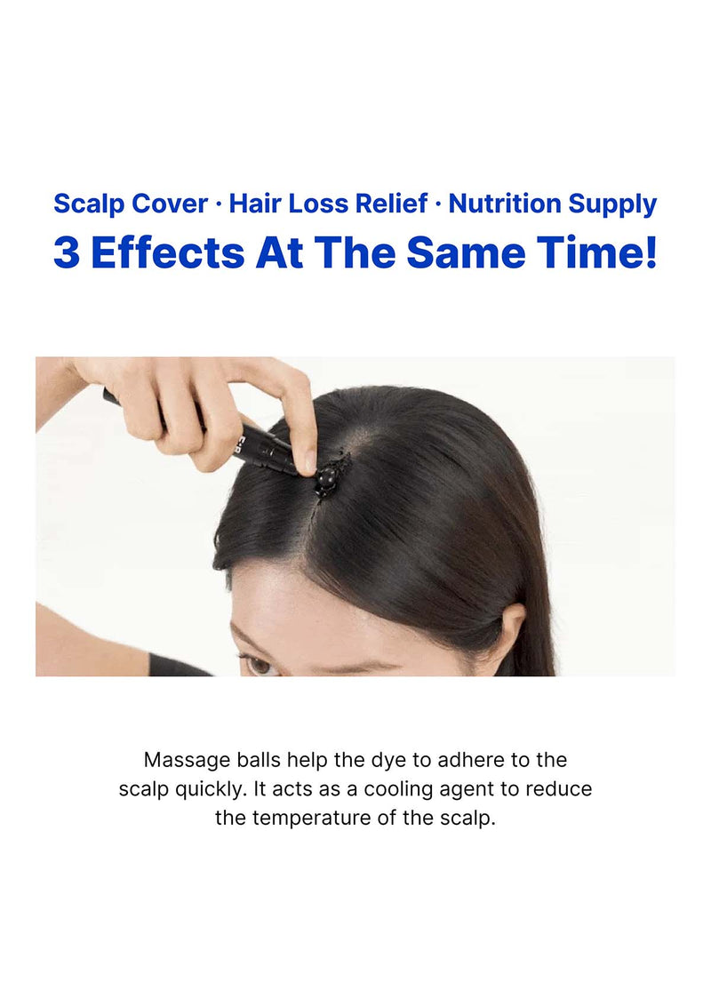 Person applying hair product to scalp with text highlighting effects on scalp, hair loss, and nutrition.