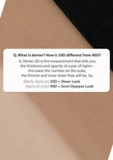 Text explaining denier measurement on a sheer beige tights background