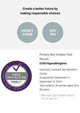 Product label with 'Honey Comb' and 'Soy Ink' options, a certification badge, and skin irritation test results on a white background.