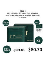 Promotional graphic for Molvany artichoke soothing acne pore toner pad with pricing and deal information.