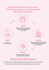 Infographic detailing the fermentation process of whole Granny Smith apples with icons and text.