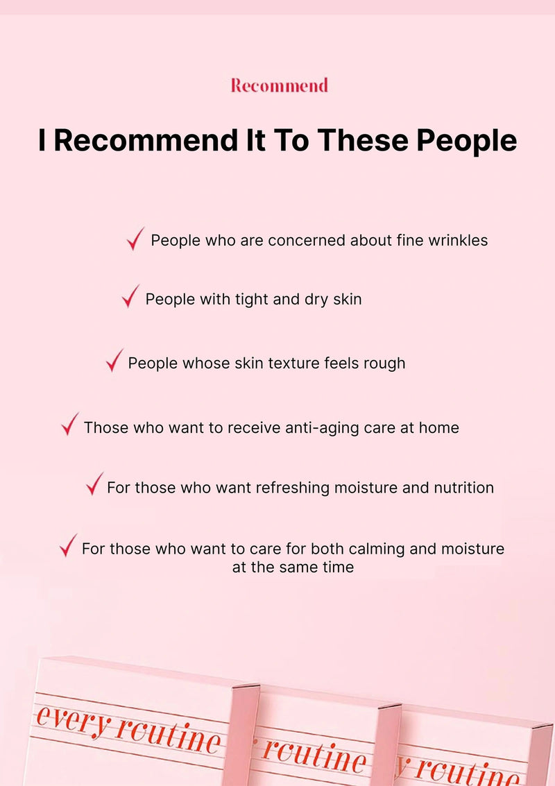 Product recommendation text for skincare with a pink background and 'every routine' product visible.
