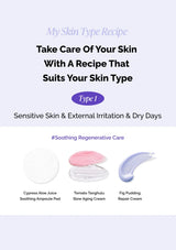 Product advertisement for skincare solutions with text and images of skincare products on a light purple background.