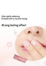 Close-up of a person's nose and mouth with a product labeled 'Long lasting effect' on a light pink background.
