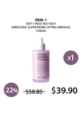 Vely Vely Bakuchiol Super Biome Lifting Ampoule with promotional text on a white background