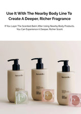 Three bottles of Herstelle body products on a light background with text about fragrance layering.