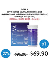 Celtiva Probiotics Diet bottle and box set with promotional text and pricing. The product packaging is blue and purple with white text, shown alongside a white bottle container.