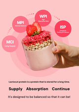 Hand holding a container of pink dessert with strawberry on a pink background, featuring text about lactocut protein.
