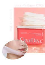 ClearDea mucin collagen PDRN packaging with a close-up of a person wearing a face mask.