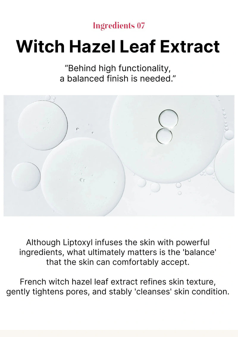 Text about witch hazel leaf extract with a close-up of bubbles on a white background.