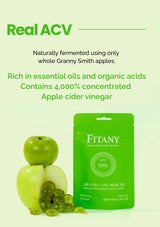 Fitany apple cider vinegar package with green apples and grapes on a light green background