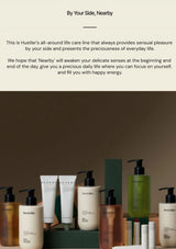 Collection of skincare and grooming products on a brown background with text about the brand's philosophy.