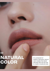 Close-up of lips with a neutral color swatch and text overlay