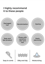 List of conditions and benefits for a hair product recommendation on a white background.