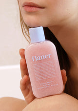 Product description text with a strawberry sorbet texture and white strawberry water focus on moisturizing and exfoliating skin.