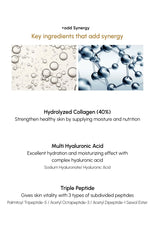 Key ingredients for synergy with hydrolyzed collagen, multi hyaluronic acid, and triple peptide on a white background.
