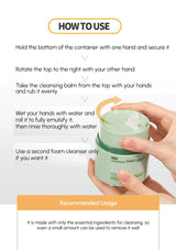 Instructions on how to use a cleansing balm with a hand holding a container.