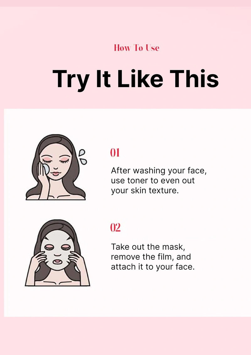 Instructions for using a facial mask on a pink background