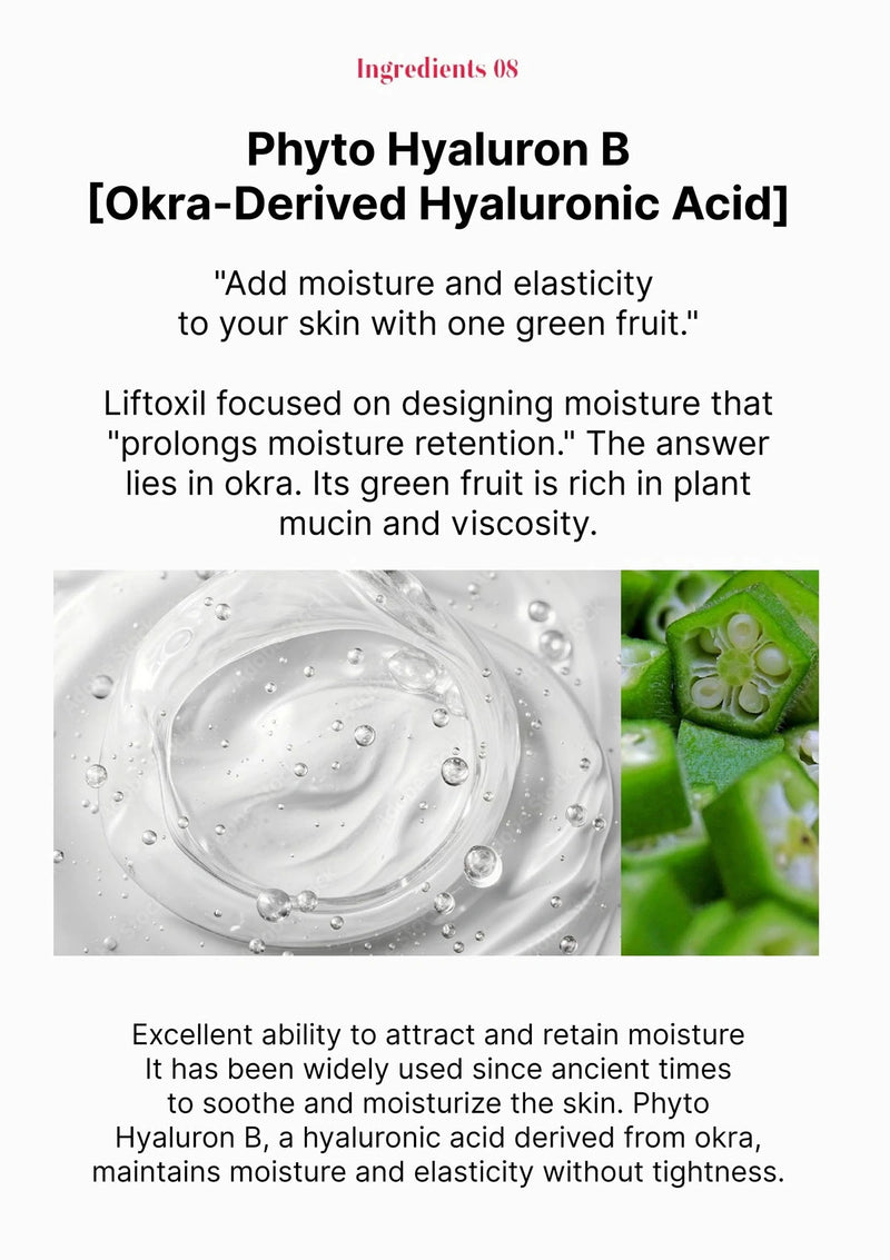 Product description of Phyto Hyaluron B with text and images of okra and hyaluronic acid.