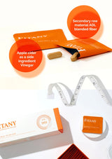 Fitany packaging with apple cider vinegar and measuring tape on a white background