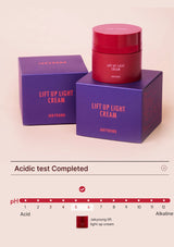 Red jar and purple box of Jakyung Lift Up Light Cream on a beige background with pH test result.