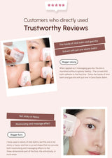 Product advertisement with customer reviews and benefits of using a stick balm and gua sha tool.
