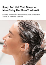 Woman washing her hair with a text overlay about hair care product benefits.