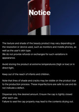 Notice text about a beauty product with a red container on a blue background