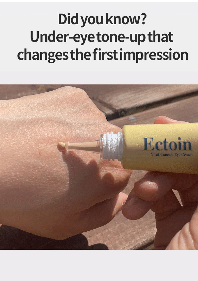 Person applying Ectoin eye cream to their under-eye area with text about its impact on first impressions.