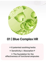 Green liquid droplets with text about Blue Complex HR and its benefits on a white background