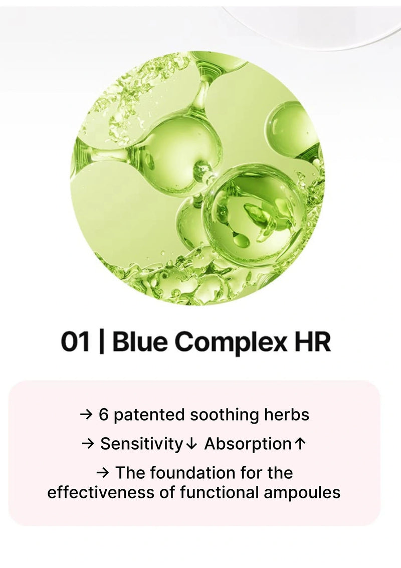 Green liquid droplets with text about Blue Complex HR and its benefits on a white background