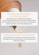Vely Vely sun serum with text explaining its use as a skincare product and sunscreen.