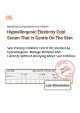 Advertisement for a hypoallergenic elasticity cool serum with text and certification logo on a white background.