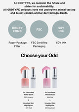 ODDTYPE product display with lip products and sustainability information on a white background