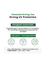 A text-based informational graphic for steamed strong tea sunscreen, highlighting strong UV protection, inorganic sunscreen, hypoallergenic prescription, and Triple Block technology with three circular icons on a white background.